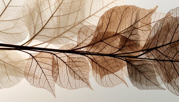 Delicate translucent dried leaves form a layered pattern against a soft neutral background