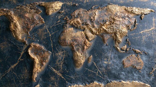 Embossed world map with textured continents and cracked dark background