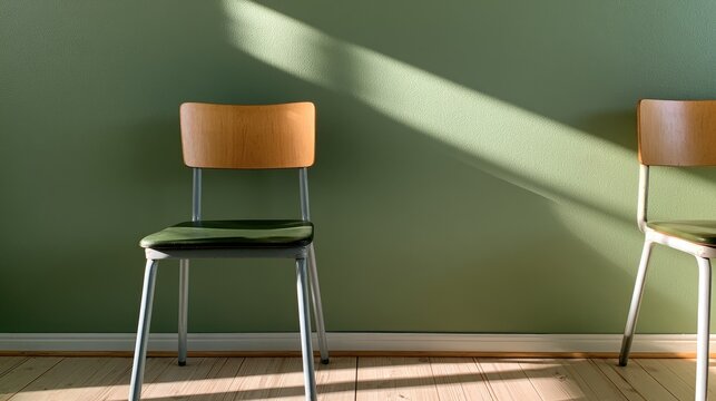 Empty chairs sit against a green wall, bathed in diagonal sunlight
