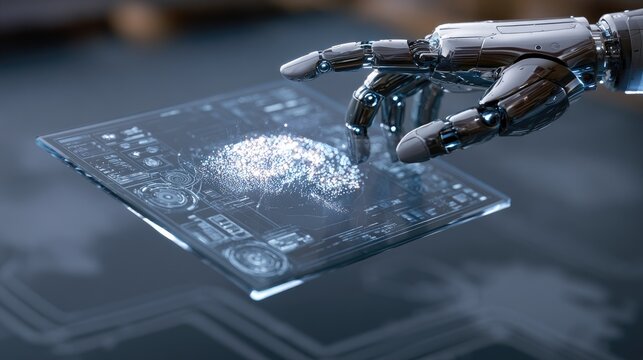 Futuristic robot hand interacts with holographic brain display and data
