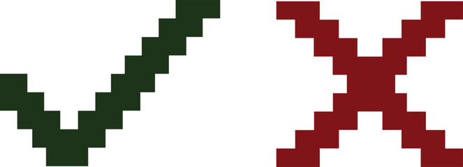 Fototapeta premium Pixel Art Check Mark and X Symbol Vector Icons Representing Correct and Incorrect Choices for Digital Interface Design