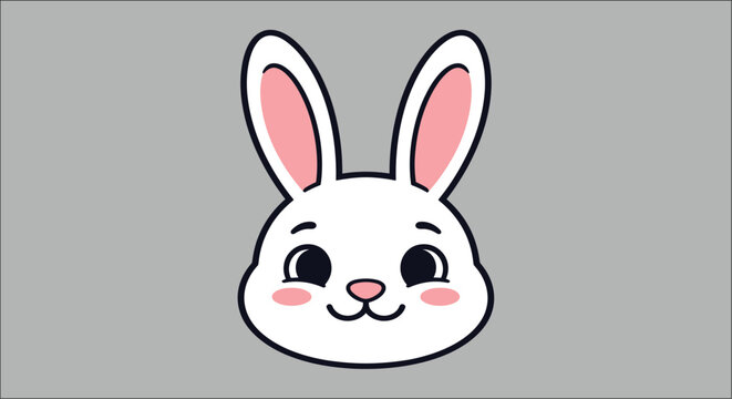 Cute rabbit face illustration with pink inner ears and black outlines on a gray background