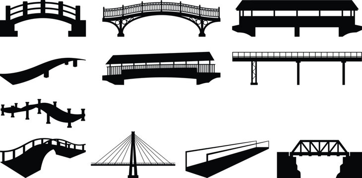 Set of bridge silhouettes including various designs like arch, suspension, and covered styles