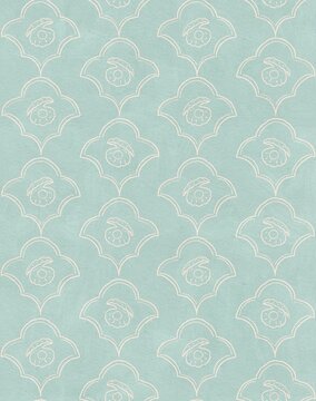 hand drawn clams and pearls in ogee tile grid on mint background