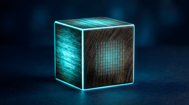 Futuristic wooden cube with glowing binary code | Digital technology integration with natural textures | Cyber security and data storage concept | AI and machine learning neon visualization