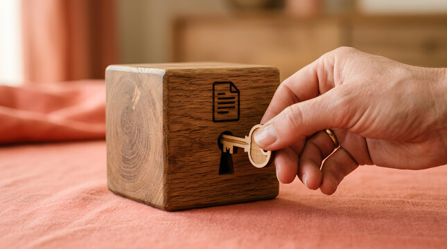wooden data security concept | unlocking private documents with key | information privacy protection metaphor | hand opening file storage box
