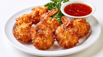 Fototapeta premium Crispy golden coconut-crusted shrimp with sweet chili dipping sauce