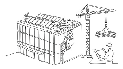 Fototapeta premium Line art illustration of workers building a modern eco friendly office structure with solar panels.