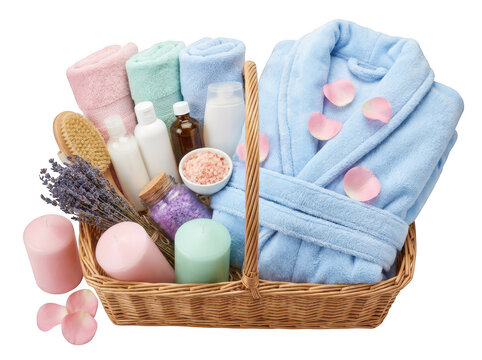 Spa gift basket with bathrobe, towels, candles, and bath salts isolated on transparent background