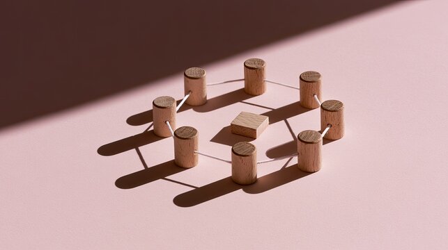 Geometric arrangement of wooden cylinders and cube with string on pink background