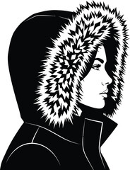 Woman in Winter Coat with Faux Fur Hood Silhouette Vector Illustration