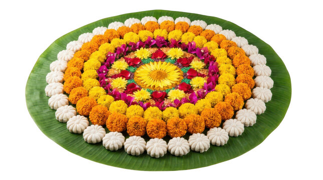 Pookalam floral rangoli design for onam festival isolated on transparent background