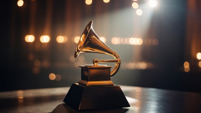 Golden gramophone trophy on a stage with blurred bokeh lights in the background.