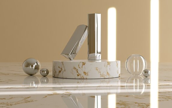 Geometric metal and glass objects on marble podium with soft light