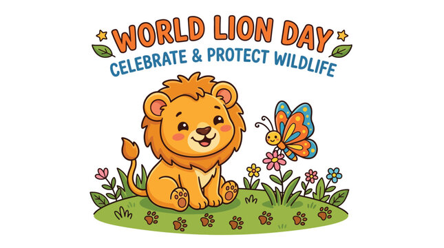 Celebrate and Protect Wildlife A Whimsical Illustration of a Lion Cub and Butterfly for World Lion Day