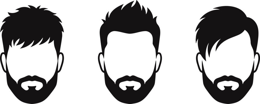 Set of male hairstyles with beards, vector icons of mens haircuts and facial hair styles