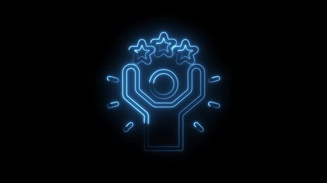 Neon blue glowing icon of a person with hands raised holding three stars symbolizing achievement