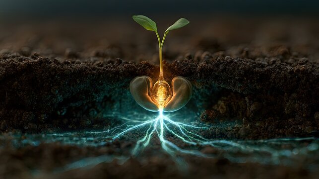 Tiny seedling sprouts from seed with glowing roots and vibrant new growth