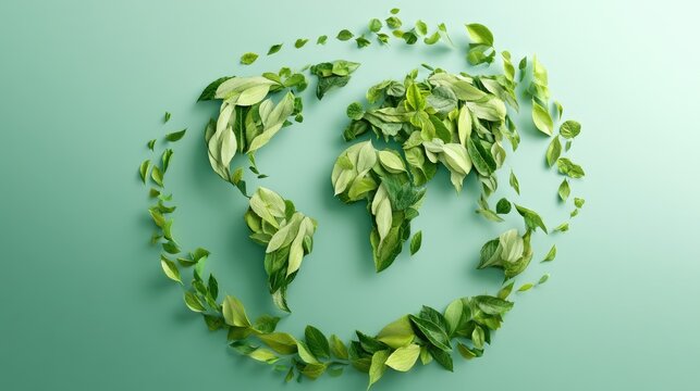 Planet Earth shape formed by green leaves on a light green background