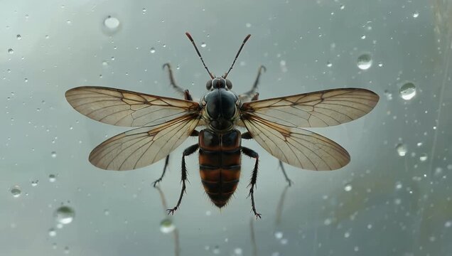 Detailed 4K macro wildlife shot of a delicate crane fly from the genus Tipula resting on window glass with its translucent wings moving gently under overcast sky reflections