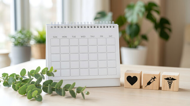 Medical health care concept with calendar and medicine icons on wooden blocks.