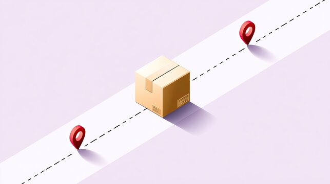 A cardboard box rests between two location pins on a dashed path