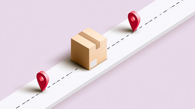 Cardboard box on a dashed line road between two red location pins