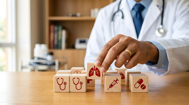 Doctor's hand arranging cubes with healthcare icons on table.