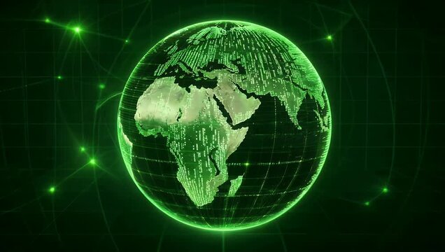 Ultra HD 4K digital animation of a glowing green world globe overlaid with complex binary code network lines and data matrix structures for global data exchange themes