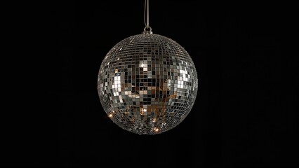 Obraz premium Disco ball hanging in the dark with reflective mirrored surface and light reflections. Party decoration and entertainment element. The concept of lighting and celebration.