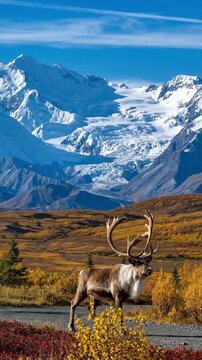caribou reindeer alaska wilderness snow capped mountains tundra wildlife majestic antlers autumn foliage arctic fauna mountain range denali national park north american wildlife  deer in the mountains
