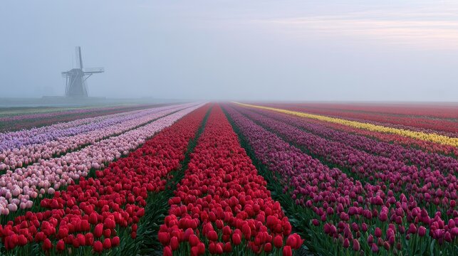 Foggy morning view of a vast field of colorful tulips with a windmill