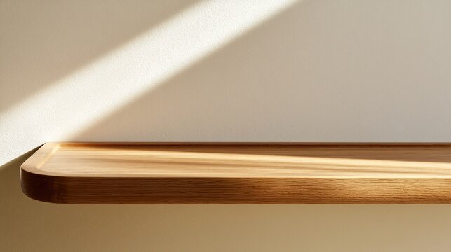 Simple wooden shelf bathed in soft sunlight, casting a diagonal shadow
