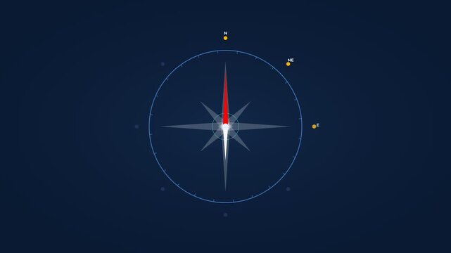 Digital compass needle rotating to north on dark blue background