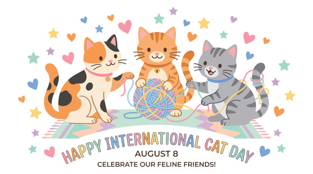 Adorable Cartoon Cats Celebrating International Cat Day with Colorful Yarn and Hearts