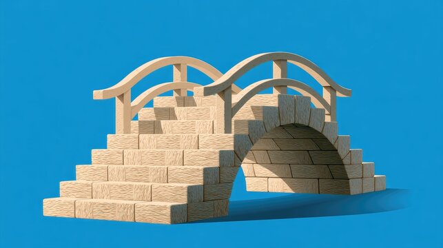 A small, arched stone bridge with wooden railings on a bright blue background