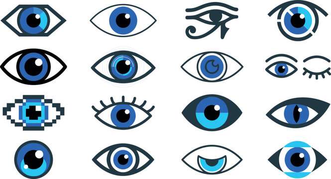 Abstract Blue Eye Icon Set Featuring Modern Vision Symbols Pixel Art Eye of Horus Cybersecurity Surveillance and Creative Look Optical Vectors