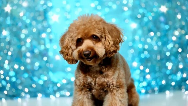 Bright 4K pet portrait of a charming curly brown poodle sitting confidently against a vivid azure background emphasizing warmth pet care products marketing and distinct canine personality
