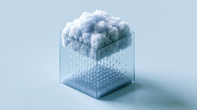 A glass cube containing a fluffy cloud and falling raindrops