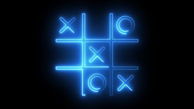 Glowing neon Tic tac toe game icon isolated on black background. Tic tac toe game icon animation. XOX game, educational game animation.