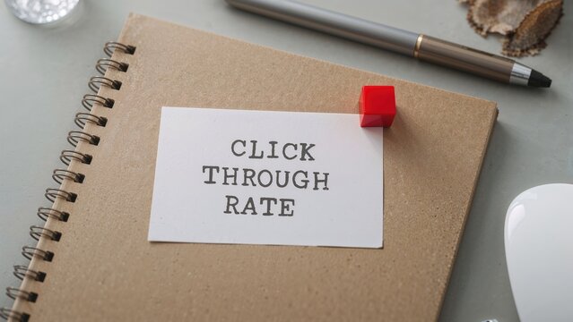 Click through rate on a notepad with a red eraser and pen, symbolizing digital engagement and online interaction.