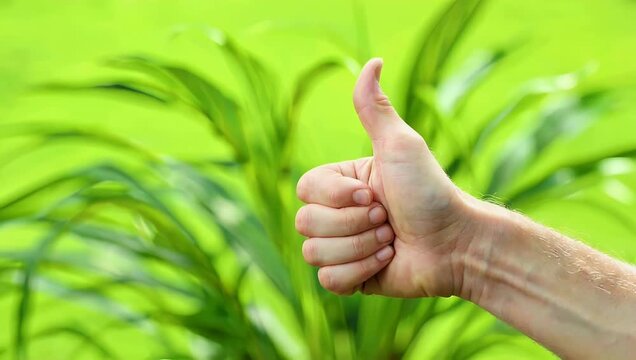 Bright cheerful 4K shot of a human hand making a thumbs up gesture standing out boldly against a vivid green screen background symbolizing social approval positivity and success