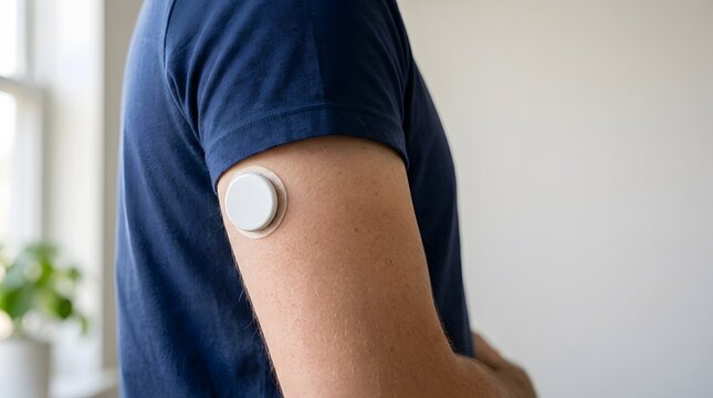 Person wearing a continuous glucose monitor patch on their arm