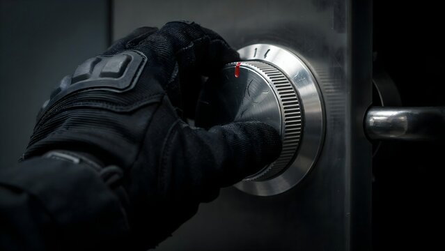 Close-up of a hand adjusting a combination lock on a secure safe door