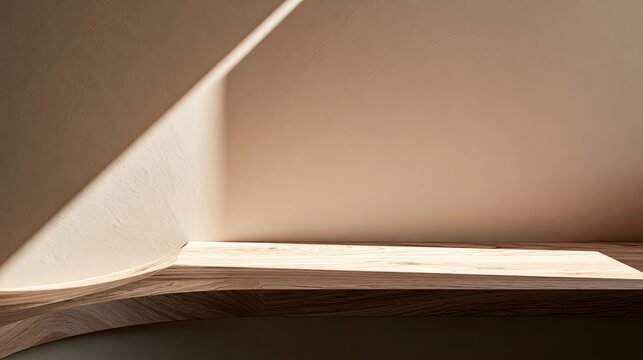 Soft light illuminates a curved wooden surface against a neutral wall