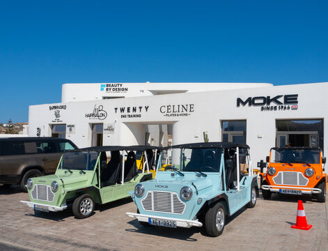 Mykonos, Greece. July 25, 2026. Retro inspired electric cabriolet Moke cars for rent on Mykonos Island, Greece.