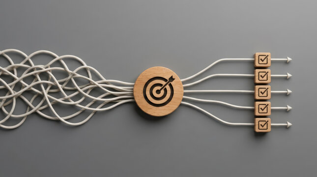 A wooden target icon with an arrow shot through it, surrounded by tangled white strings that converge and then straighten into five separate paths, each ending in a wooden cube with a checkmark