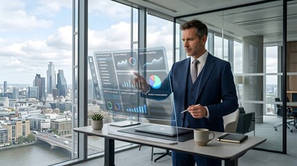 Fototapeta premium Businessman Reviewing Financial Data on a Holographic Screen in an Office with a City View Featuring Professional, Analysis