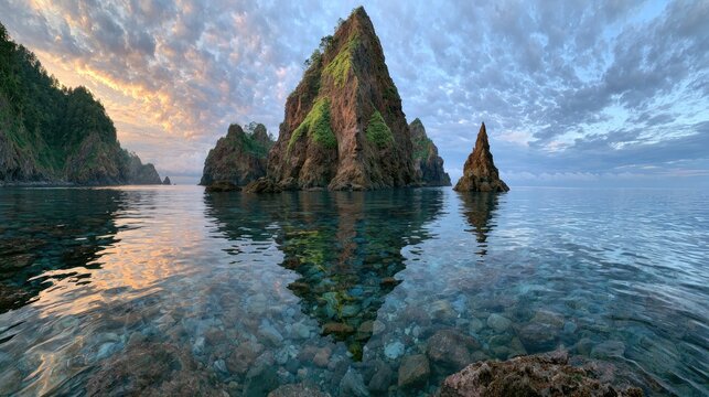 Jagged volcanic sea stacks rise from clear, shallow water under a colorful dawn sky