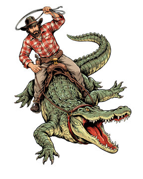 Cowboy Riding Alligator Lasso Rodeo Western Ranch